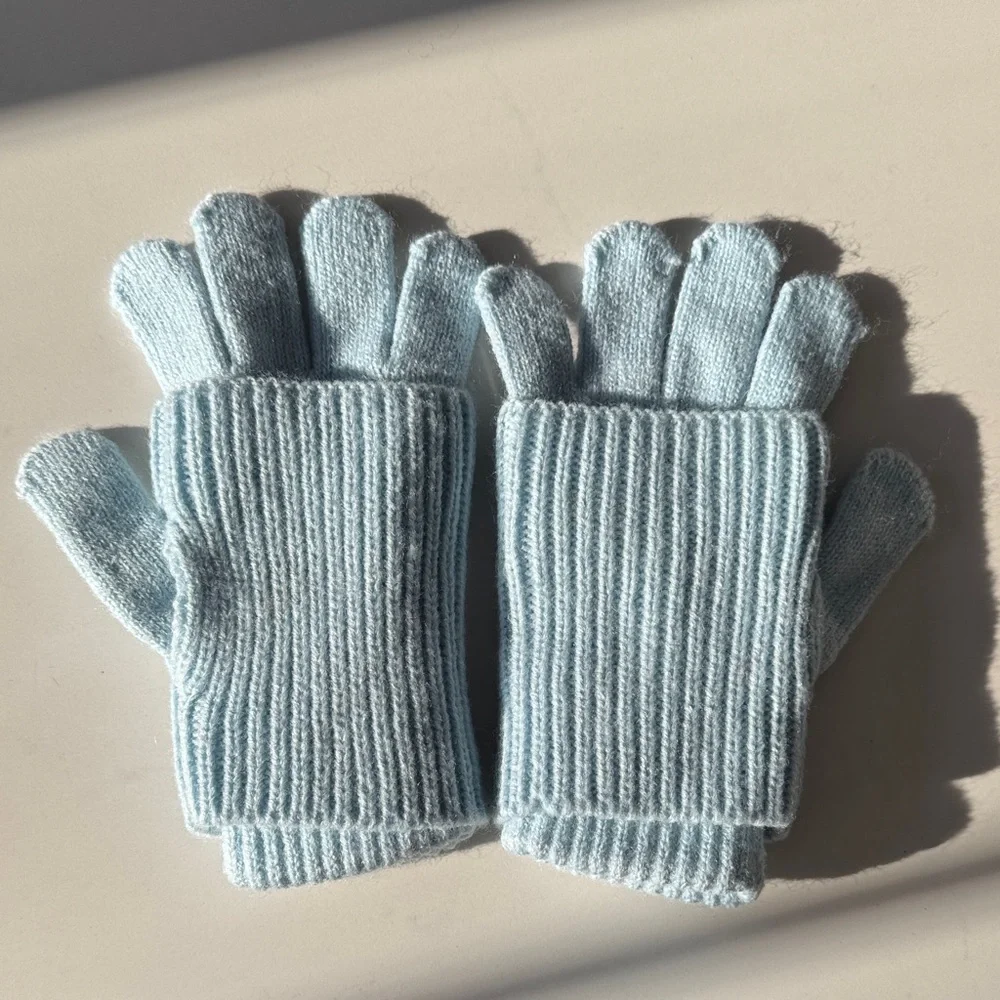 Justice Light Blue Knit Mittens with Pearls